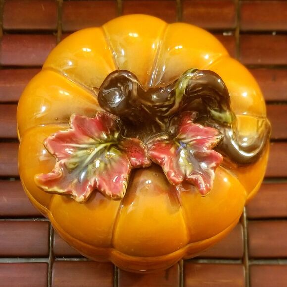 Vintage Ceramic Pumpkin Cookie Jar Halloween Fall Thanksgiving 6" High 5.75" Dia - Picture 4 of 6